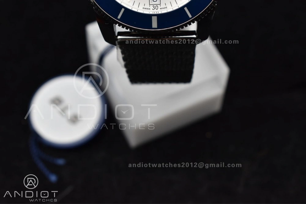 TimelessDesign SuperOcean Heritage II BLSF 42mm SS White Dial Blue Ceramic Bezel on SS Mesh Bracelet A 207