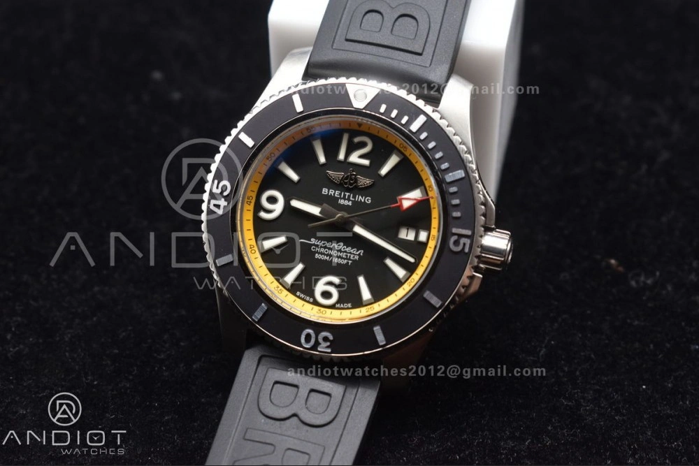 Unisex Superocean Automatic 44 TF 1:1 Best Edition Black Dial and Bezel with Yellow Rehaut On Black Rubber Strap A 471