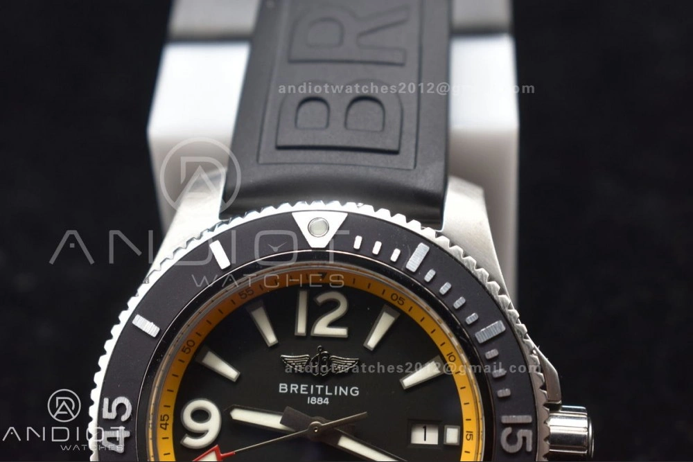 Unisex Superocean Automatic 44 TF 1:1 Best Edition Black Dial and Bezel with Yellow Rehaut On Black Rubber Strap A 471