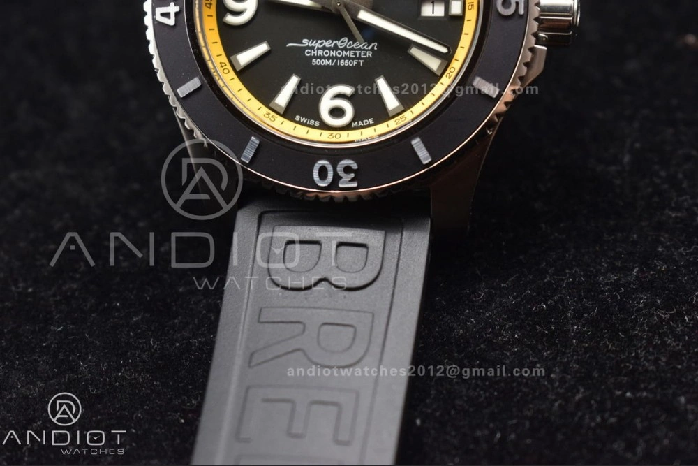Unisex Superocean Automatic 44 TF 1:1 Best Edition Black Dial and Bezel with Yellow Rehaut On Black Rubber Strap A 471