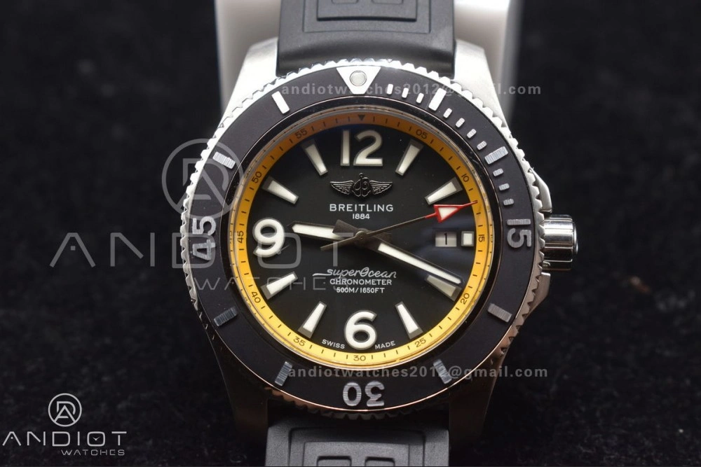 Unisex Superocean Automatic 44 TF 1:1 Best Edition Black Dial and Bezel with Yellow Rehaut On Black Rubber Strap A 471