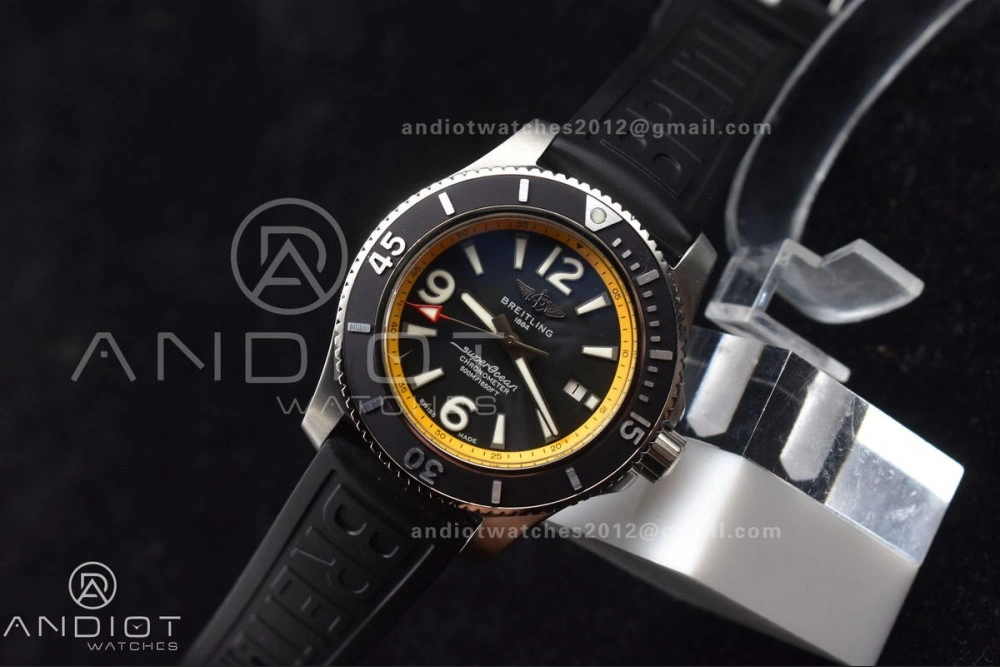 Unisex Superocean Automatic 44 TF 1:1 Best Edition Black Dial and Bezel with Yellow Rehaut On Black Rubber Strap A 471
