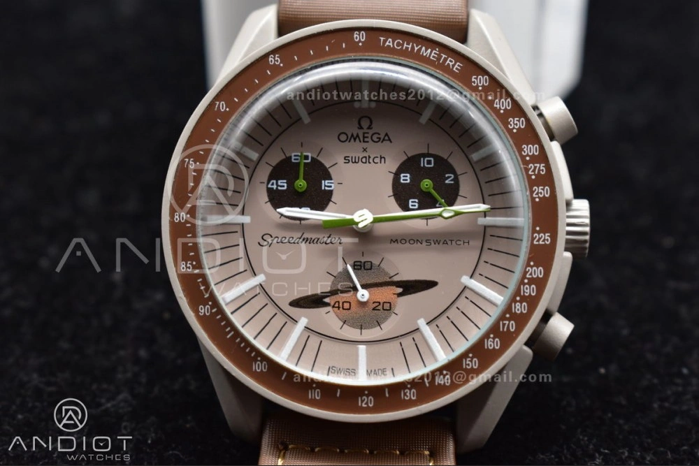 Functional Swatch X Omega Bioceramic Moonwatch Mission To Saturn On Nylon Strap Quartz 133