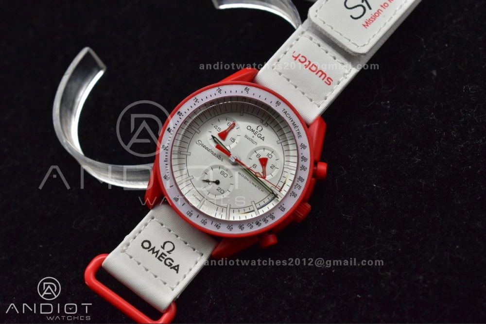 Timeless Swatch x Omega Bioceramic Moonwatch Mission to Mars on Nylon Strap Quartz 1177