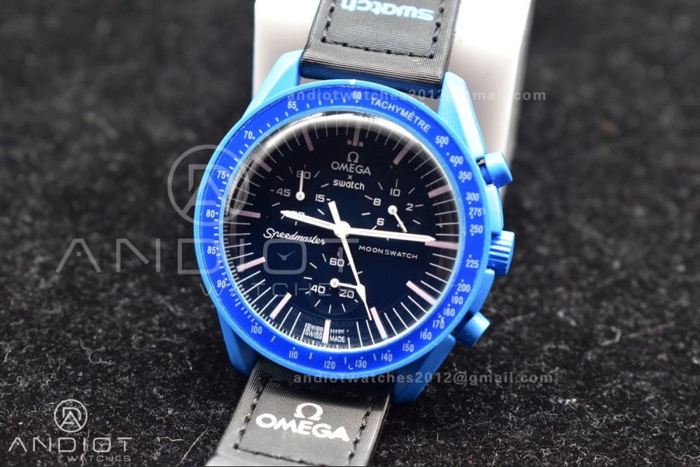 Swatch x Omega Bioceramic Moonwatch Mission to Neptune on Nylon Strap Quartz Affordable 136