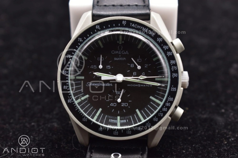 Unique Swatch x Omega Bioceramic Moonwatch Mission to The Moon on Nylon Strap Quartz 91