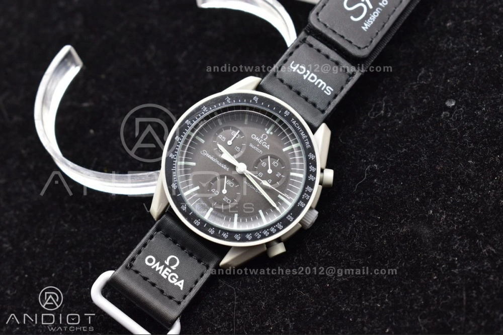 Unique Swatch x Omega Bioceramic Moonwatch Mission to The Moon on Nylon Strap Quartz 91