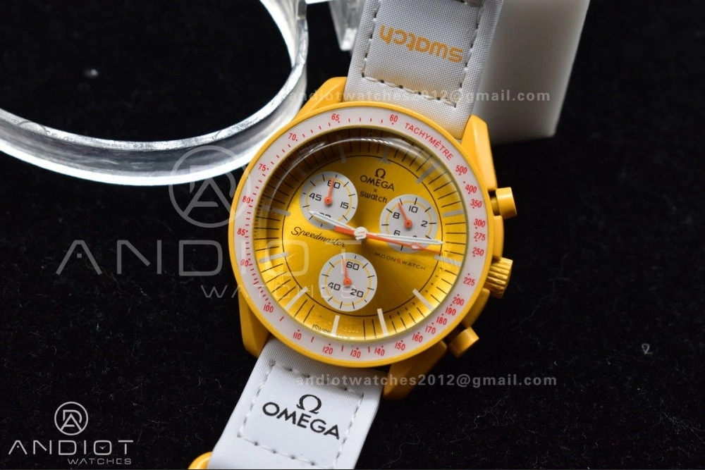 Soft Swatch x Omega Bioceramic Moonwatch Mission to the Sun on Nylon Strap Quartz 90