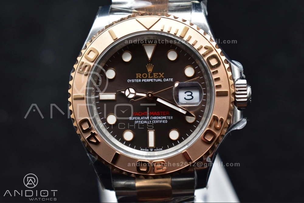 OnTrend Yacht-Master 126621 Clean 1:1 Best Edition Rose Gold Plated 904L Steel Brown Dial On SS Bracelet VR 488