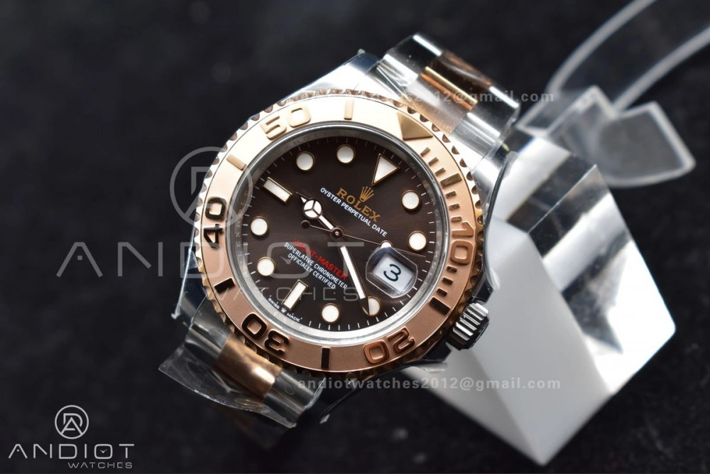 OnTrend Yacht-Master 126621 Clean 1:1 Best Edition Rose Gold Plated 904L Steel Brown Dial On SS Bracelet VR 488